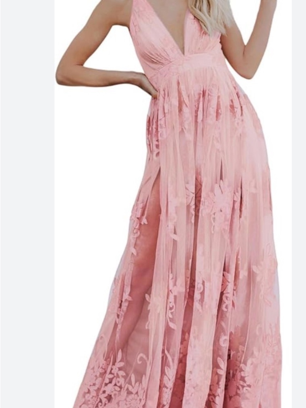 Dokotoo Pink Deep‎ V-Neck Embroidered Lace Mesh Evening Party Prom Dress NWT L